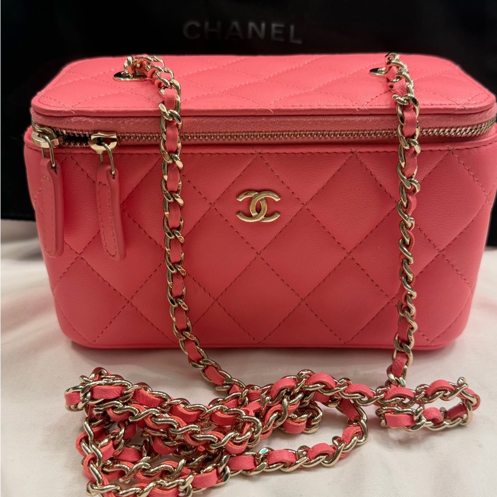 CHANEL Pink Quilted Vanity Cosmetic Case with Gold Chain - Picture 3 of 11